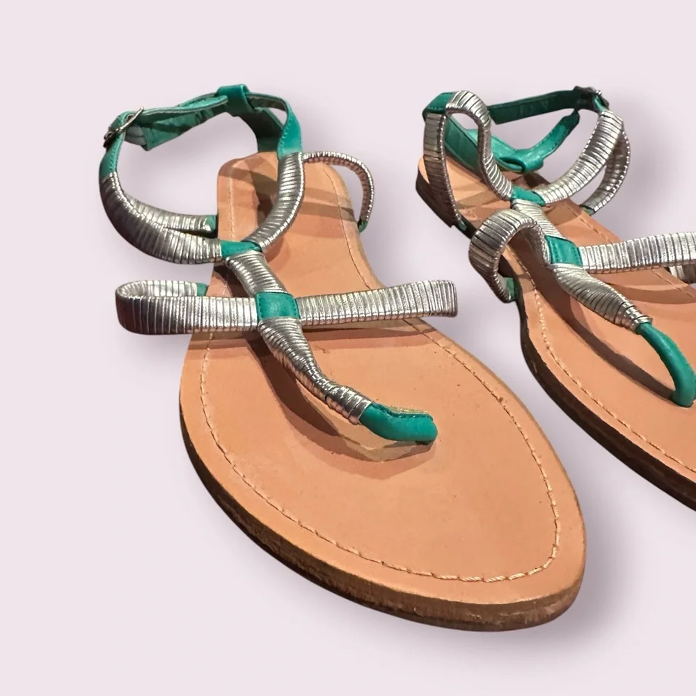 Women’s Promise Teal and Silver Metallic Strappy Toe-Loop Sandals Size 9 - Picture 2 of 9
